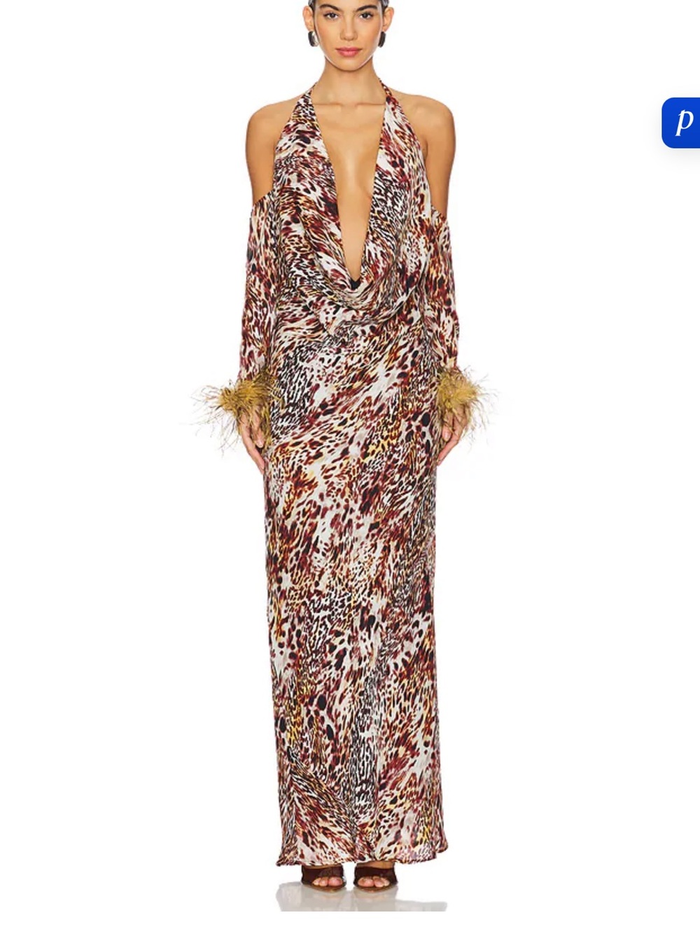REVOLVE Leopard-Print Plunging Halter Maxi Dress with Feather Cuffs - Brown/Gold